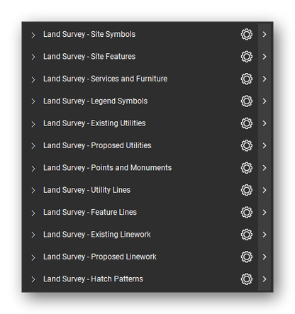 The Bluebeam Revu Tool Chest with the 12 tool sets of the Land Survey tool set loaded, closed to the set titles.