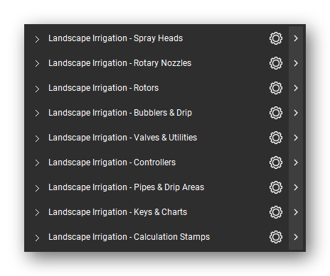 The Bluebeam Revu Tool Chest with the 9 tool sets of the Landscape Irrigation tool set loaded, closed to the set titles.