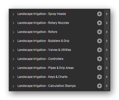 The Bluebeam Revu Tool Chest with the 9 tool sets of the Landscape Irrigation tool set loaded, closed to the set titles.