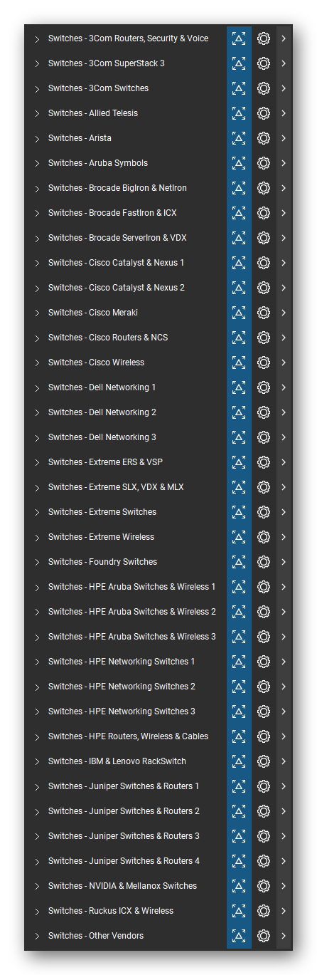 The Bluebeam Revu Tool Chest with the 37 tool sets of the Network Switches & Routers tool set loaded, closed to the set titles.