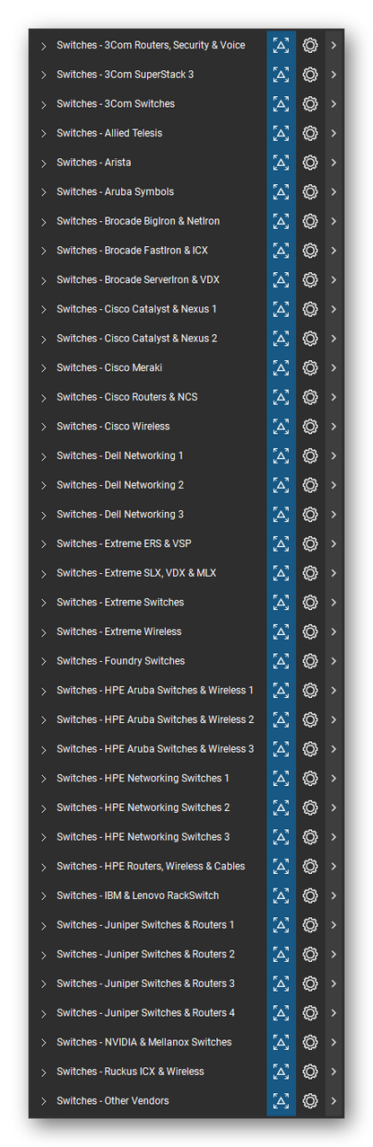 The Bluebeam Revu Tool Chest with the 37 tool sets of the Network Switches & Routers tool set loaded, closed to the set titles.