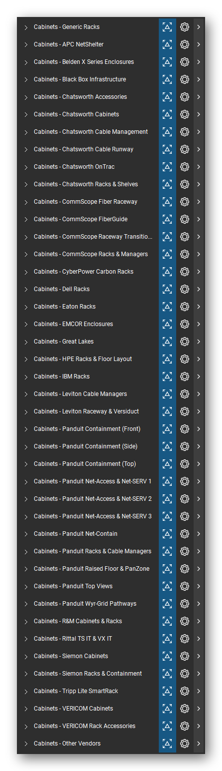 The Bluebeam Revu Tool Chest with the 42 tool sets of the Racks, Cabinets & Cable Pathways tool set loaded, closed to the set titles.