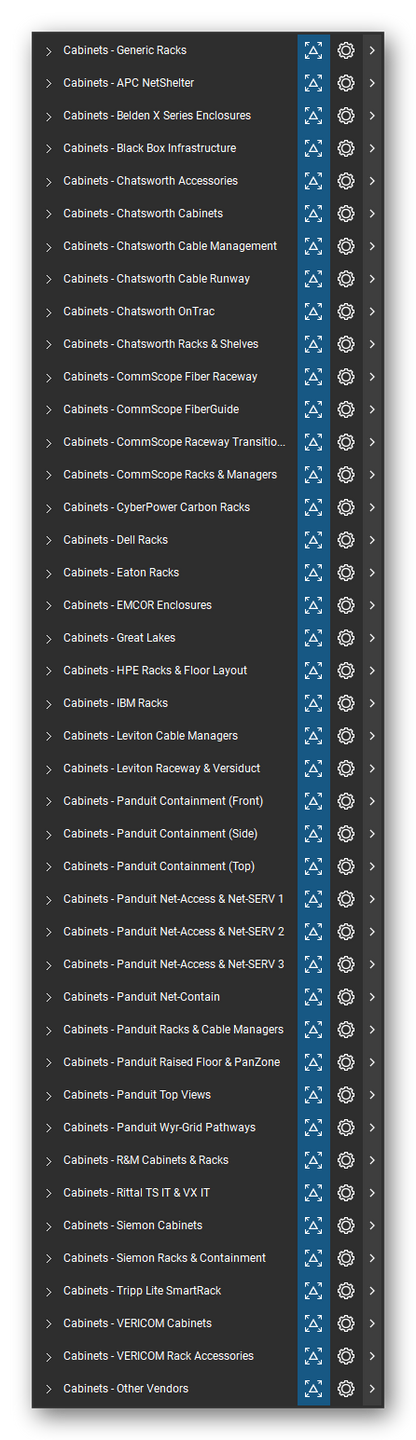 The Bluebeam Revu Tool Chest with the 42 tool sets of the Racks, Cabinets & Cable Pathways tool set loaded, closed to the set titles.