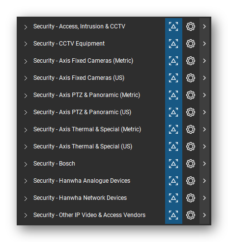 The Bluebeam Revu Tool Chest with the 12 tool sets of the Security & Surveillance tool set loaded, closed to the set titles.