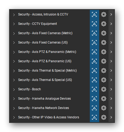 The Bluebeam Revu Tool Chest with the 12 tool sets of the Security & Surveillance tool set loaded, closed to the set titles.
