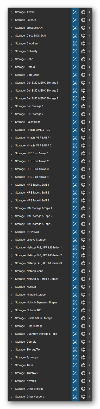 The Bluebeam Revu Tool Chest with the 50 tool sets of the Storage & Backup tool set loaded, closed to the set titles.
