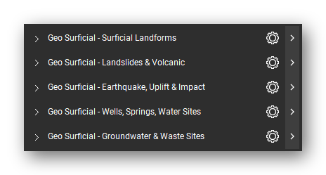 The Bluebeam Revu Tool Chest with the 5 tool sets of the Surficial Geology, Hazards & Hydrogeology tool set loaded, closed to the set titles: Surficial Landforms, Landslides & Volcanic, Earthquake, Uplift & Impact, Wells, Springs, Water Sites and Groundwater & Waste Sites.