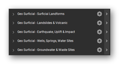The Bluebeam Revu Tool Chest with the 5 tool sets of the Surficial Geology, Hazards & Hydrogeology tool set loaded, closed to the set titles: Surficial Landforms, Landslides & Volcanic, Earthquake, Uplift & Impact, Wells, Springs, Water Sites and Groundwater & Waste Sites.