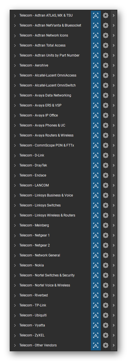 The Bluebeam Revu Tool Chest with the 34 tool sets of the Telecom, Voice & Wireless tool set loaded, closed to the set titles.