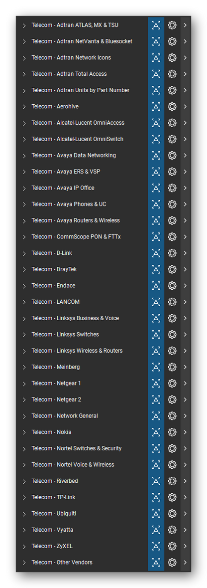 The Bluebeam Revu Tool Chest with the 34 tool sets of the Telecom, Voice & Wireless tool set loaded, closed to the set titles.