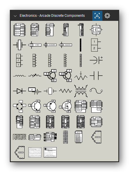 Automation & Electronics tool set for Bluebeam Revu, Arcade Discrete Components set - 49 tools: Tank ROM, LETA, 137412-101, SOS-137550-001, SOS-137550-001 (SOS-2), 12 MHZ (Metal Can, 8 Pins), ? MHZ (HC49/US), 12 MHZ (HC49/US), 14.31818 MHZ (HC49/US), 18.432 MHZ (HC49/US) and 39 more. Tool Chest in Symbol view.