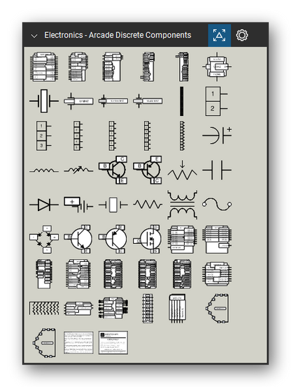 Automation & Electronics tool set for Bluebeam Revu, Arcade Discrete Components set - 49 tools: Tank ROM, LETA, 137412-101, SOS-137550-001, SOS-137550-001 (SOS-2), 12 MHZ (Metal Can, 8 Pins), ? MHZ (HC49/US), 12 MHZ (HC49/US), 14.31818 MHZ (HC49/US), 18.432 MHZ (HC49/US) and 39 more. Tool Chest in Symbol view.