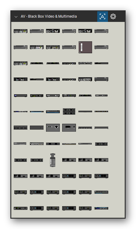 AV, Broadcast & Stage Lighting tool set for Bluebeam Revu, Black Box Video & Multimedia set (tools 1-72 of 139) - 72 views of 47 devices, front, rear and side: ICOMP, ICOMP01, ICOMP01-R2, ICOMP01-VID, ICOMP01-VID-R2, ICOMP-RACK, ICOMP-VID, ICKS-VE-KU-W, ICKS-VE-KU-N, ICOS-SU and 37 more. Tool Chest in Symbol view.