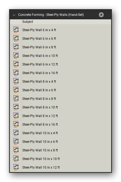 Steel ply walls hand in the Concrete Forming Takeoff & Estimating Bluebeam tool set (sheet 1 of 3)