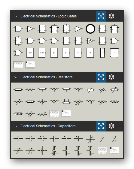 Electrical Schematics tool set for Bluebeam Revu, the Logic Gates, Resistors and Capacitors sets in the Tool Chest - 27 logic gates, flip-flops and ICs, 21 resistors and potentiometers and 16 capacitors.
