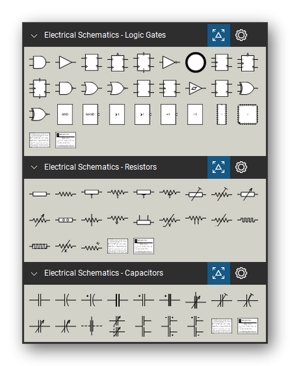 Electrical Schematics tool set for Bluebeam Revu, the Logic Gates, Resistors and Capacitors sets in the Tool Chest - 27 logic gates, flip-flops and ICs, 21 resistors and potentiometers and 16 capacitors.
