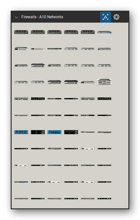 Firewalls & Security Appliances tool set for Bluebeam Revu, A10 Networks set (tools 1-66 of 133) - 66 views of 45 devices, front and rear: AX 2000, AX 2100, AX 2200, AX 3100, AX 3200, AX 1000, AX 1030, AX 1030_2D, AX 1030_back, AX 2500 and 35 more. Tool Chest in Symbol view.