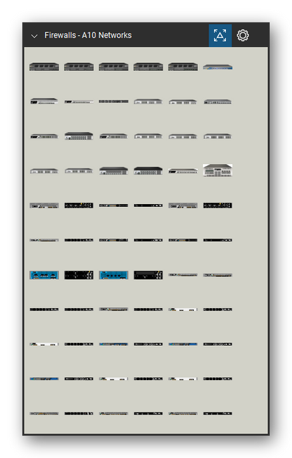 Firewalls & Security Appliances tool set for Bluebeam Revu, A10 Networks set (tools 1-66 of 133) - 66 views of 45 devices, front and rear: AX 2000, AX 2100, AX 2200, AX 3100, AX 3200, AX 1000, AX 1030, AX 1030_2D, AX 1030_back, AX 2500 and 35 more. Tool Chest in Symbol view.