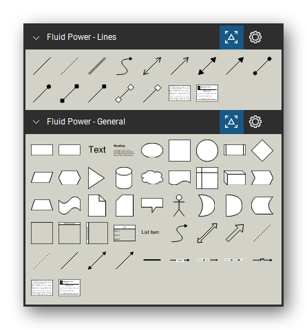 Fluid Power tool set for Bluebeam Revu, the Lines and General sets in the Tool Chest - 14 line tools (Revu Line markups) and 45 general diagram tools (text, shapes, connectors).