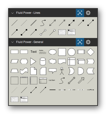 Fluid Power tool set for Bluebeam Revu, the Lines and General sets in the Tool Chest - 14 line tools (Revu Line markups) and 45 general diagram tools (text, shapes, connectors).