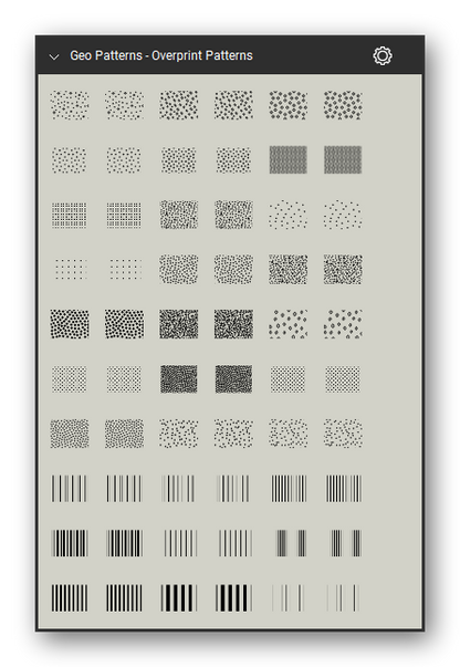 Geologic Hatch Patterns & Map Units tool set for Bluebeam Revu: Overprint Patterns set, tools 1-60 of 178 - Surficial pattern 101 (fine dots and small ovals), Surficial pattern 102 (random small ovals), Surficial pattern 103 (random open circles), Surficial pattern 104 (even fine dots), Surficial pattern 105 (dense even dots), Surficial pattern 106 (dense small circles), Surficial pattern 114 (fine square dot grid) and 23 more. Tool Chest in Symbol view.