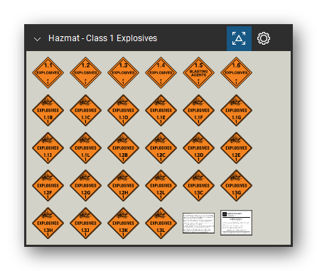 Hazmat Symbols tool set for Bluebeam Revu, Class 1 Explosives set - 28 orange class 1 placards: the division placards 1.1, 1.2, 1.3, 1.4 and 1.6 Explosives and 1.5 Blasting Agents, and the explosives placards with a compatibility group letter, 1.1B to 1.1L, 1.2B to 1.2L and 1.3C to 1.3L. Tool Chest in Symbol view.