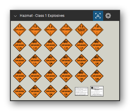 Hazmat Symbols tool set for Bluebeam Revu, Class 1 Explosives set - 28 orange class 1 placards: the division placards 1.1, 1.2, 1.3, 1.4 and 1.6 Explosives and 1.5 Blasting Agents, and the explosives placards with a compatibility group letter, 1.1B to 1.1L, 1.2B to 1.2L and 1.3C to 1.3L. Tool Chest in Symbol view.