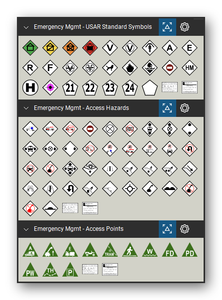 Incident & Emergency Management tool set for Bluebeam Revu, the USAR Standard Symbols, Access Hazards and Access Points sets in the Tool Chest - USAR Standard Symbols (25 tools), Access Hazards (38 tools) and Access Points (12 tools).