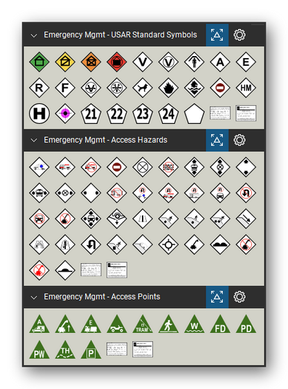 Incident & Emergency Management tool set for Bluebeam Revu, the USAR Standard Symbols, Access Hazards and Access Points sets in the Tool Chest - USAR Standard Symbols (25 tools), Access Hazards (38 tools) and Access Points (12 tools).