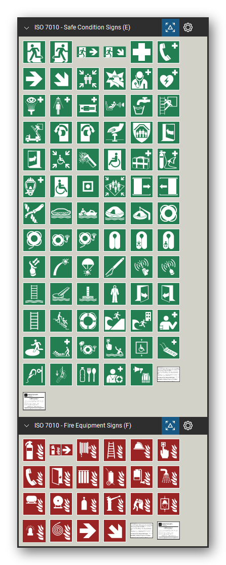 ISO 7010 Safety Signs tool set for Bluebeam Revu, the Safe Condition Signs (E) and Fire Equipment Signs (F) sets in the Tool Chest - 77 safe condition signs and 22 fire equipment signs. Tool Chest in Symbol view.