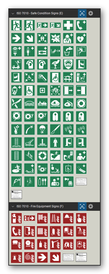 ISO 7010 Safety Signs tool set for Bluebeam Revu, the Safe Condition Signs (E) and Fire Equipment Signs (F) sets in the Tool Chest - 77 safe condition signs and 22 fire equipment signs. Tool Chest in Symbol view.