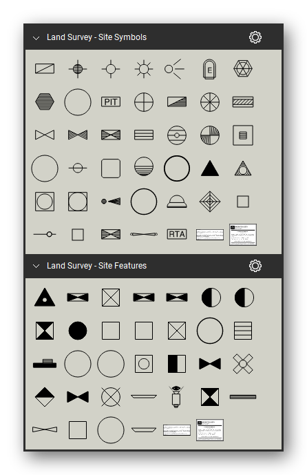 Land Survey tool set for Bluebeam Revu, the Site Symbols and Site Features sets in the Tool Chest - 40 site symbols and 32 site features. Tool Chest in Symbol view.