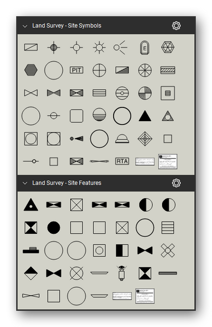 Land Survey tool set for Bluebeam Revu, the Site Symbols and Site Features sets in the Tool Chest - 40 site symbols and 32 site features. Tool Chest in Symbol view.