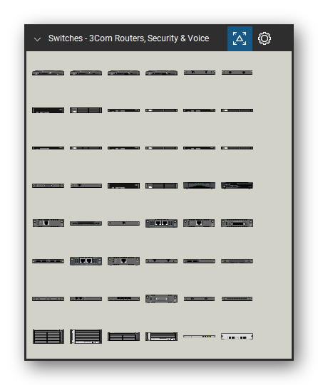 Network Switches & Routers tool set for Bluebeam Revu, 3Com Routers, Security & Voice set (tools 1-48 of 163) - 48 views of 38 devices, front and rear: 3C13618, 3C13616, 3C13615, 3C13613, 3C13772, 3C13777, 3C13758, 3C13754, 3C13750, 3C13701 and 28 more. Tool Chest in Symbol view.