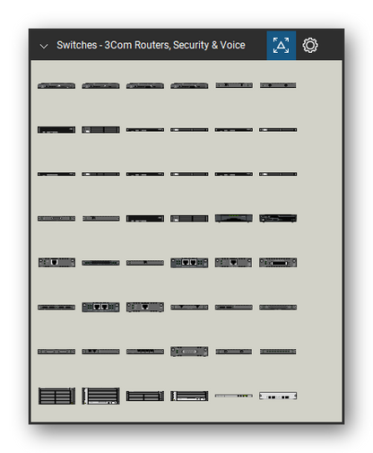 Network Switches & Routers tool set for Bluebeam Revu, 3Com Routers, Security & Voice set (tools 1-48 of 163) - 48 views of 38 devices, front and rear: 3C13618, 3C13616, 3C13615, 3C13613, 3C13772, 3C13777, 3C13758, 3C13754, 3C13750, 3C13701 and 28 more. Tool Chest in Symbol view.