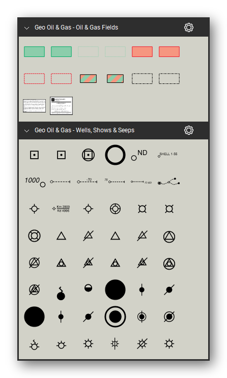 Oil & Gas tool set for Bluebeam Revu: Oil & Gas Fields set, all 12 tools (19.5.1 to 19.5.6) - Oil field, Gas field and Oil and gas field; Wells, Shows & Seeps set, tools 1-48 of 97 (19.5.7 to 19.5.54) - Core (nonspecific depth), Shallow core, Deep core, Drilling well or well location for hydrocarbon exploration or exploitation, Drill hole for hydrocarbon exploration or exploitation and 38 more. Tool Chest in Symbol view.