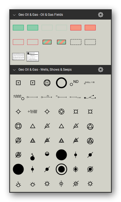 Oil & Gas tool set for Bluebeam Revu: Oil & Gas Fields set, all 12 tools (19.5.1 to 19.5.6) - Oil field, Gas field and Oil and gas field; Wells, Shows & Seeps set, tools 1-48 of 97 (19.5.7 to 19.5.54) - Core (nonspecific depth), Shallow core, Deep core, Drilling well or well location for hydrocarbon exploration or exploitation, Drill hole for hydrocarbon exploration or exploitation and 38 more. Tool Chest in Symbol view.