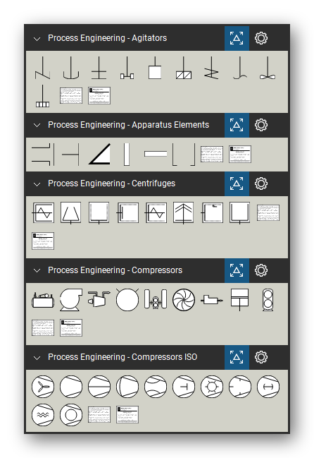 Process Engineering tool set for Bluebeam Revu, the Agitators, Apparatus Elements, Centrifuges, Compressors and Compressors (ISO) sets in the Tool Chest - 10 agitators and stirrers, 6 apparatus elements (manhole, nozzle, supports), 8 centrifuges, 9 compressors and 11 compressors in the ISO style.