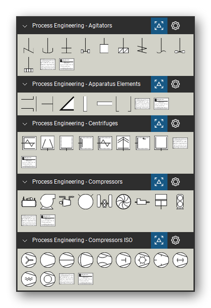 Process Engineering tool set for Bluebeam Revu, the Agitators, Apparatus Elements, Centrifuges, Compressors and Compressors (ISO) sets in the Tool Chest - 10 agitators and stirrers, 6 apparatus elements (manhole, nozzle, supports), 8 centrifuges, 9 compressors and 11 compressors in the ISO style.