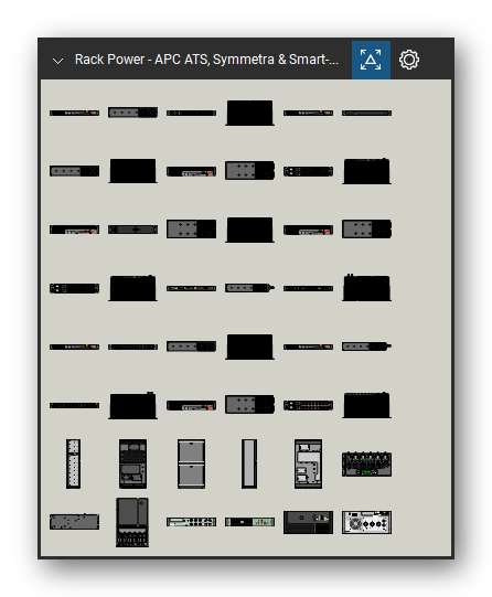 Rack Power tool set for Bluebeam Revu, APC ATS, Symmetra & Smart-UPS set (tools 1-48 of 325) - 48 views of 15 devices, front, rear, side and top: AP7721, AP7722A, AP7724, AP7731, AP7732, AP7750, AP7750A, AP7752, AP7753, PDPB150G6F and 5 more. Tool Chest in Symbol view.