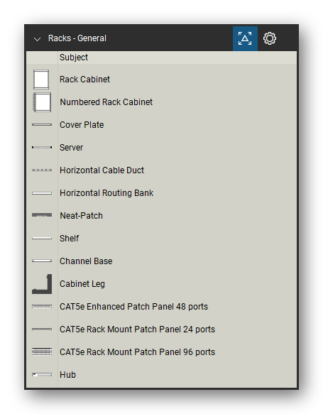 Racks tool set for Bluebeam Revu, General Rack Equipment set (part 1 of 2) - 19 generic tools: rack cabinet, numbered rack cabinet with editable numbering, cover plate, servers, switches, hub, CAT5e patch panels with 24, 48 and 96 ports, cable duct, routing bank and shelf. Tool Chest in Detail view, one row per tool with its name.