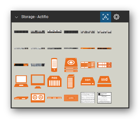 Storage & Backup tool set for Bluebeam Revu, Actifio set - 28 views of 25 devices, front and rear: v3700, v3700 Exp, DS3512, DS3512 Exp, M3 Node 1G, M3 Node 10G, FC Switch, M3 Battery Cache, M3 Node, M4 Node and 15 more. Tool Chest in Symbol view.