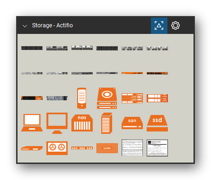Storage & Backup tool set for Bluebeam Revu, Actifio set - 28 views of 25 devices, front and rear: v3700, v3700 Exp, DS3512, DS3512 Exp, M3 Node 1G, M3 Node 10G, FC Switch, M3 Battery Cache, M3 Node, M4 Node and 15 more. Tool Chest in Symbol view.