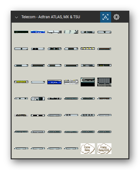Telecom, Voice & Wireless tool set for Bluebeam Revu, Adtran ATLAS, MX & TSU set (tools 1-48 of 197) - 48 views of 45 devices, front and rear: Adtran 4150TA15L14N412, ATLAS 550, Atlas 550 DC, T1/PRI NIM, BRI DBU NIM, Modem Mgt NIM, Dual T1/PRI module, ATLAS 550 - Dual Nx56/64 V.35 module, Quad BRI/U Module, ATLAS 550 - Octal BRI S/T Module and 35 more. Tool Chest in Symbol view.