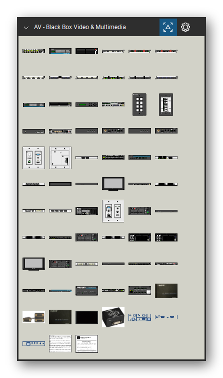 AV, Broadcast & Stage Lighting tool set for Bluebeam Revu, Black Box Video & Multimedia set (tools 73-139 of 139) - 67 views of 48 devices, front and rear: AVSW-HDMI8x8-X, AVS1600, AVS-4I-DVI (MRS), AVS-4I-HDB (MRS), AVS-4I-HDM (MRS), AVS-4I-UNI (MRS), AVS-4I-VGA (MRS), AVS-4O-DVI (MRS), AVS-4O-HDB (MRS), AVS-4O-HDM (MRS) and 38 more. Tool Chest in Symbol view.