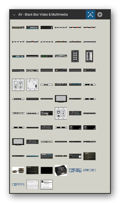 AV, Broadcast & Stage Lighting tool set for Bluebeam Revu, Black Box Video & Multimedia set (tools 73-139 of 139) - 67 views of 48 devices, front and rear: AVSW-HDMI8x8-X, AVS1600, AVS-4I-DVI (MRS), AVS-4I-HDB (MRS), AVS-4I-HDM (MRS), AVS-4I-UNI (MRS), AVS-4I-VGA (MRS), AVS-4O-DVI (MRS), AVS-4O-HDB (MRS), AVS-4O-HDM (MRS) and 38 more. Tool Chest in Symbol view.