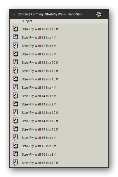 Steel ply walls hand in the Concrete Forming Takeoff & Estimating Bluebeam tool set (sheet 2 of 3)