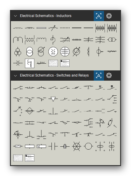 Electrical Schematics tool set for Bluebeam Revu, the Inductors & Transformers and Switches & Relays sets in the Tool Chest - 30 inductors and transformers and 54 switches and relays.