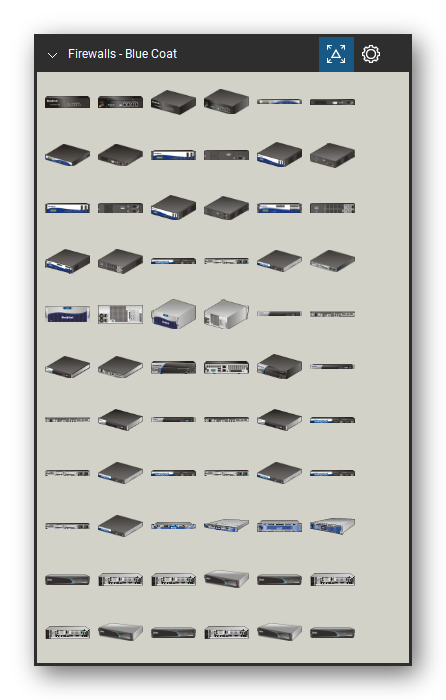 Firewalls & Security Appliances tool set for Bluebeam Revu, Blue Coat set (tools 1-66 of 166) - 66 views of 43 devices, front and rear: PS900, PS900 side, PS1700, PS1700 side, PS3500, PS3500 side, PS7500, PS7500 side, PS10000, PS10000 side and 33 more. Tool Chest in Symbol view.