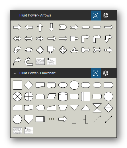 Fluid Power tool set for Bluebeam Revu, the Arrows and Flowchart sets in the Tool Chest - 29 block arrows and 36 flowchart symbols.